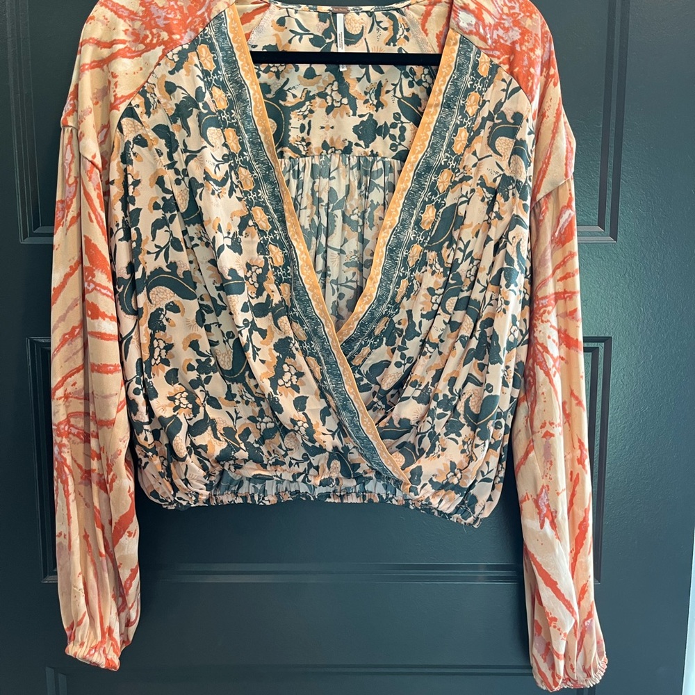 Free People Blue and Cream Wrap Blouse with Long Sleeves